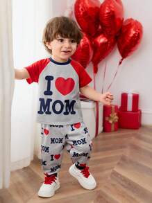 SHEIN Baby Boys Red Color Block Letter Heart Graphic Print Long Sleeve Top And Elastic Waist Pants 2 Pieces Outfit, Suitable For Spring, Autumn, Valentine's Day Party - Multicolor - View 7