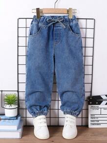 SHEIN Young Boy All-Match Casual Elastic Waist Loose Fit Comfortable Washed Jeans, 2025 New Arrival - Medium Wash - View 1