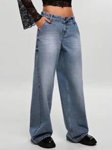 EURMUSE Low Waist Wash Detailed Wideleg Jean - Medium Wash - View 3