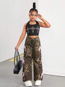 SHEIN Tween Girls Y2K Fashion Leopard Print Baggy Straight Leg Pants With Bowknot Decorated Pockets