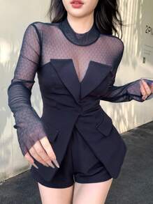 DAZY 2pcs Women's Fashion Outfit Set - Textured Mesh Splice Blouse & Shorts, Suitable For Party, Back To School Events,Short Women Sets