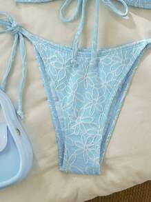 Swim Mod 1set Women Textured Floral Bandeau Bikini Summer - Blue - View 4