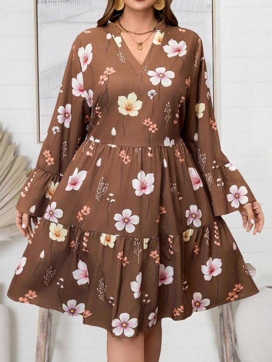 EMERY ROSE Plus Size Casual Floral Print Flare Sleeve Dress,Vacation Wear,Spring,Boho Dress Women