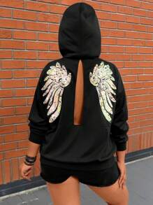 SHEIN LUNE Plus Size Autumn Fashionable Sequin Wing Graphic Hollow Back Hoodie Thanksgiving Outfit Women New Years