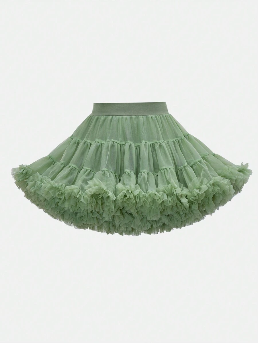 SHEIN Young Girls Ruffle Mesh Puff Ball Skirt, White, Elegant Design, Suitable For Spring, Summer, Autumn, Suitable For Outings, Parties, Can Be Paired With T-Shirts Or Blouses, Creates A Vibe, Adorable And Sweet Look,Holiday,Summer,Travel - Mint Green - View 1