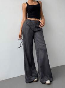 SHEIN BASICS Pantalon femme à jambe évasée, taille basse, rayures tissées, style casual