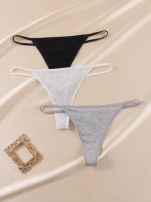 3pcs Women Solid Color Ribbed G-String Panties, Casual - Multicolor - View 7