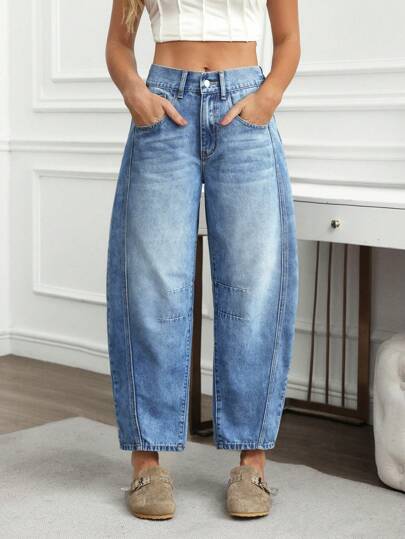 EMERY ROSE Women's Casual Washed Distressed Boyfriend Fit Jeans,Wide-Leg Baggy Jeans,Casual Tapered Jeans Carrot Pants Blue Autumn Casual Loose Design Sense Denim Cropped Pants Women,Ladies Casual Button,Pocket,Zipper High Waist Harem/Genie,Tapered/Carrot Cropped Blue Cotton Mom Fit Loose Women Jeans,Spring/Fall,Casual Daily Wear