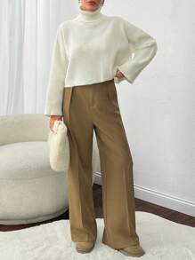 EURMUSE Solid Color Casual High Collar Drop Shoulder Cropped Sweater, Autumn/Winter - Beige - View 3