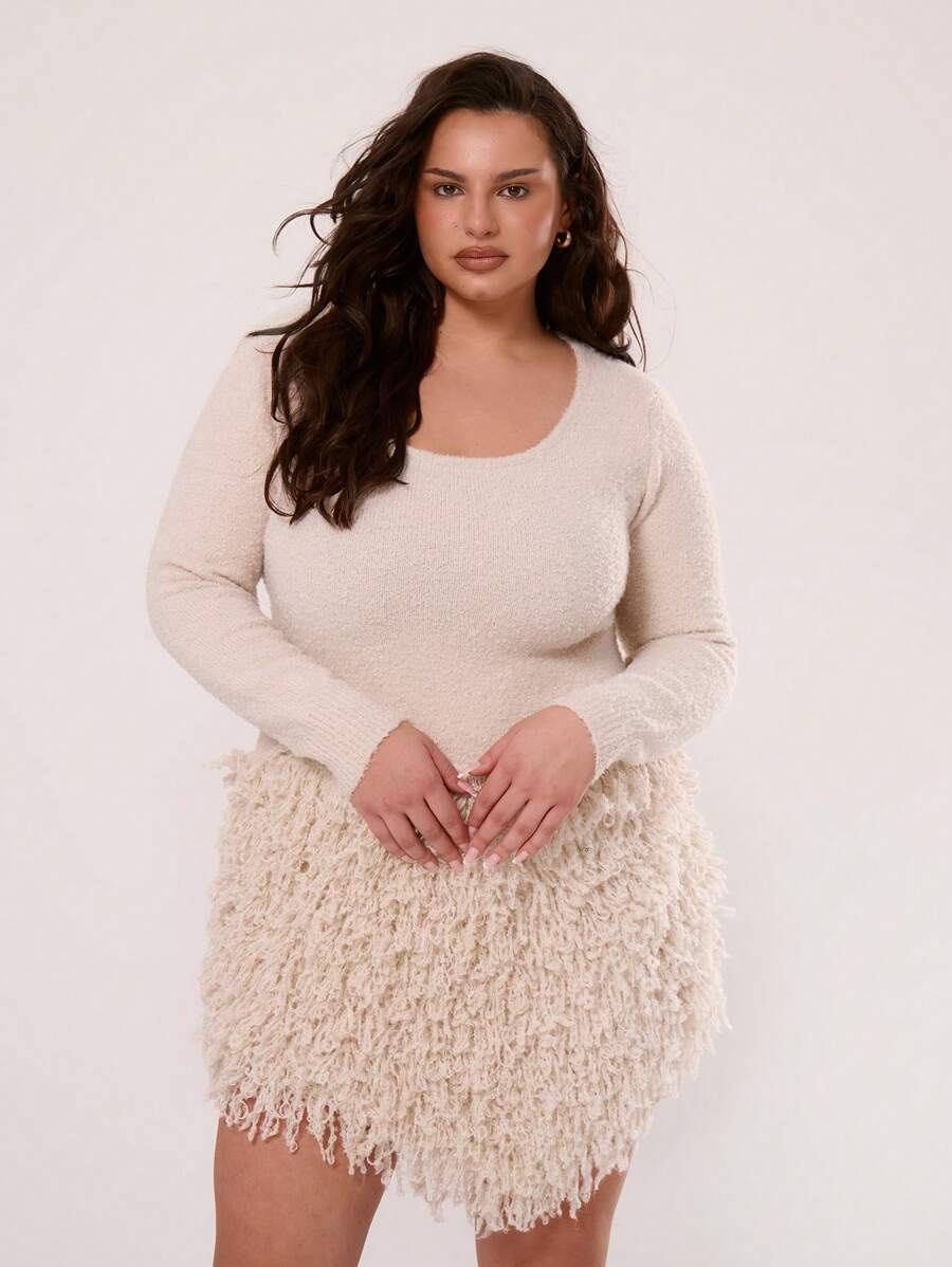 MUSERA 加大码秋季垂坠针织长袖圆领毛衣连衣裙，适合节日、街头服饰、日常、休闲、假日秋冬秋季