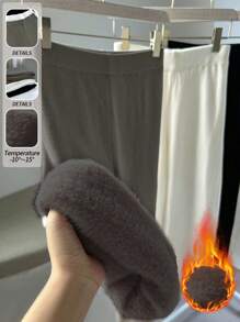 Chiquease 连体毛绒条纹针织喇叭裤，高腰弹力修身全长裤，适合秋冬季 - 深灰色 - 查看 1