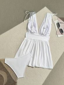 Swim Lushoire Vestido de playa y de baño de verano con cuello en V de unicolor, volantes en el dobladillo, elegante y grácil