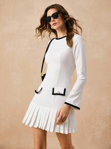 Poéselle 女士撞色镶边圆领长袖口袋褶皱连衣裙