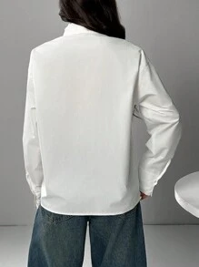 Muchica 女士纯色系带领落肩长袖休闲衬衫秋季 - 白色 - 查看 2