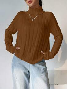 Lunelith SHEIN Lunessa Women's Solid Color Long Sleeve Casual Loose Knitted High Neck Sweater, Versatile For Autumn/Winter Fall