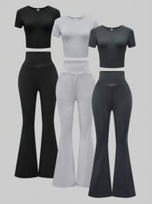 2pcs Teen Girl Vintage American English Print Basic Sweatshirt And Pants Set - Multicolor - View 1