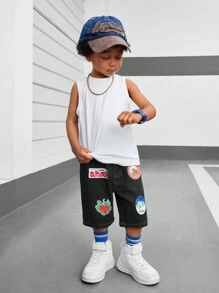 SHEIN 3pcs/Set Young Boy Summer Casual Outfit: Sleeveless Vest, Badge Printed Denim Shirt, Denim Shorts,Holiday,Summer,Travel - Black - View 3