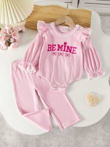 SHEIN Bộ 2 áo liền quần thêu chữ màu hồng và quần thường ngày cho bé gái mùa xuân/hè, thoải mái và thân thiện với da - Hồng - Xem 1