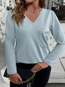 INAWLY Áo thun dài tay đơn giản hàng ngày màu trơn cho nữ Plus Size - Xám - Xem 5