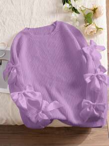 SHEIN Frenchy Plus Size Crew Neck Long Sleeve Sweater With Hollow Out Bowknot Decor, Cute Fairy Style, Loose Fit, Apricot Knitted In Fall/Winter