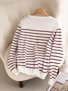 CosyJoli Women Plus Size Striped Round Neck Long Sleeve Casual Loose Knit Sweater, Autumn/Winter,Slightly Sheer - Red - View 3