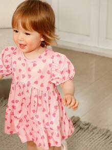 女婴/幼儿可爱情人节心形印花泡泡袖圆领 A 字裙，适合春季户外玩耍、拍照或日常休闲穿着，可爱又时尚 - 粉色 - 查看 5
