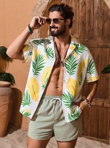 Manfinity VDAYZ Conjunto de playa para hombre con camisa de manga corta con estampado botánico y shorts de unicolor