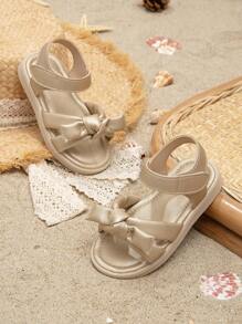 1 Pair Cute Striped Bow Hook And Loop Flat Sandals For Little Girls - Gold - View 2