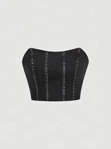 SHEIN MOD Zip Back Tube Denim Summer Corset Top - Black - View 1