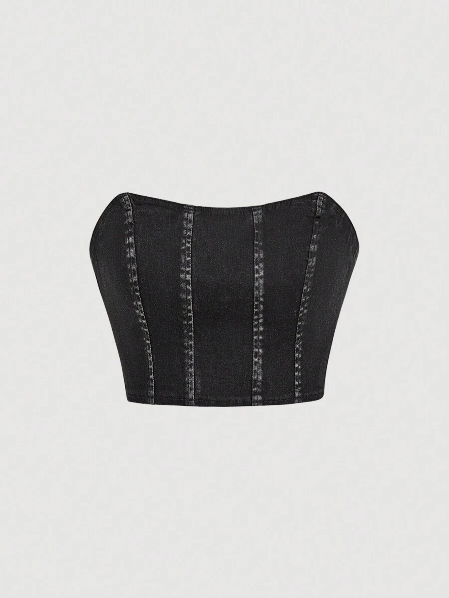 SHEIN MOD Zip Back Tube Denim Summer Corset Top - Black - View 1