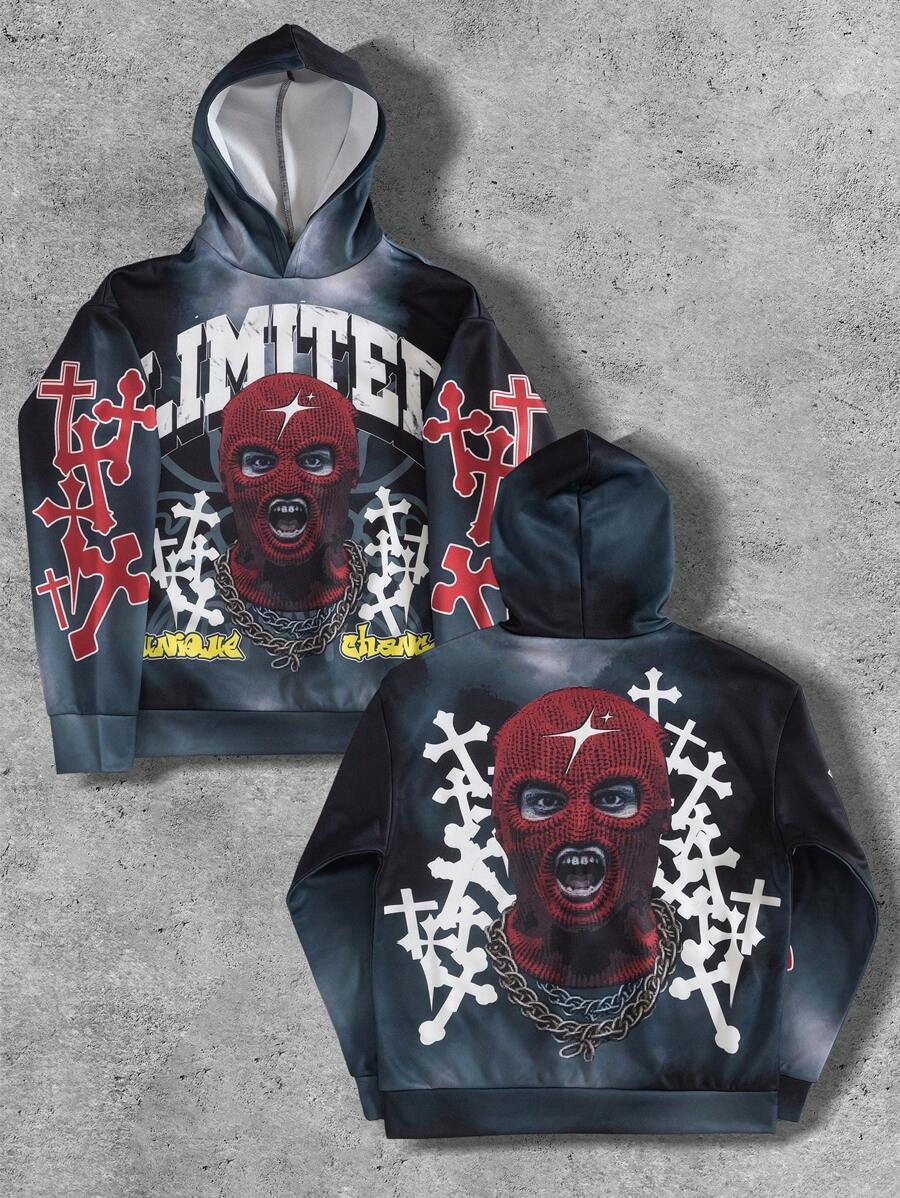 Manfinity EMRG Men's Autumn/Winter Fashion Person & Cross Print Hoodie Graphic Long Sleeve Hoodie, For Friends, Husband, Boyfriend Gifts - Multicolor - View 1