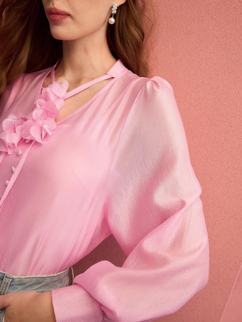 SHEER TIE NECK BLOUSE