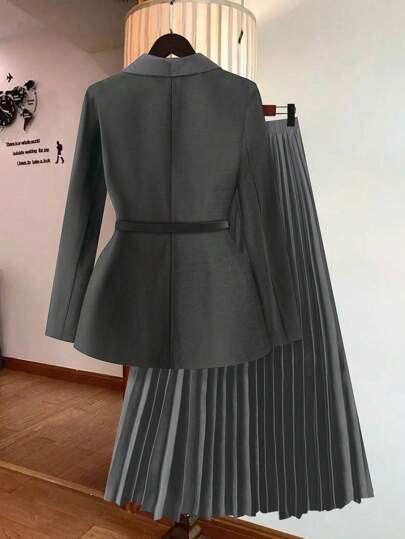 SHEIN Clasi Women Button Front Long Sleeve Top & Pleated Skirt Suit Set, Minimalist
