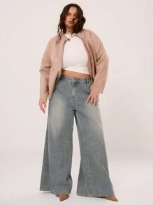 MUSERA Plus Size Faux Suede Exposed Seam Long Sleeve Jacket For Holiday,Streetwear, Evert Day, Casual, Holiday - Khaki - View 4