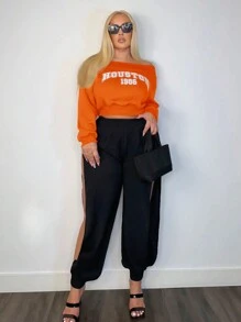 SHEIN SXY 冬季春季露肩字母印花女式短款运动衫