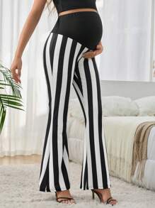 SHEIN Maternity Contrast Color Striped High Waist Sexy Flare Pants - Black and White - View 5