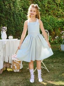 Sparklyn Holiday,Summer,TravelTween Girl Elegant Minimalist Jacquard Fabric Ribbon Bow A-Line Cami Dress, Suitable For Summer And Spring Wear, Suitable For Outings, Dates And Vacations