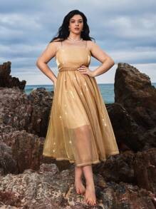 SHEIN VCAY Vestido midi ajustado con decoración de lazo y espalda descubierta, de tejido dorado de talla grande