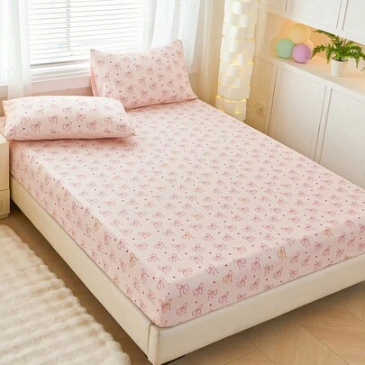 2/3件套可爱粉色蝴蝶结爱心印花床笠，床垫保护套，床垫罩，适用于单人床、双人床、大号床、特大号床，14英寸/35厘米深口袋，可机洗，通过Oeko-Tex认证