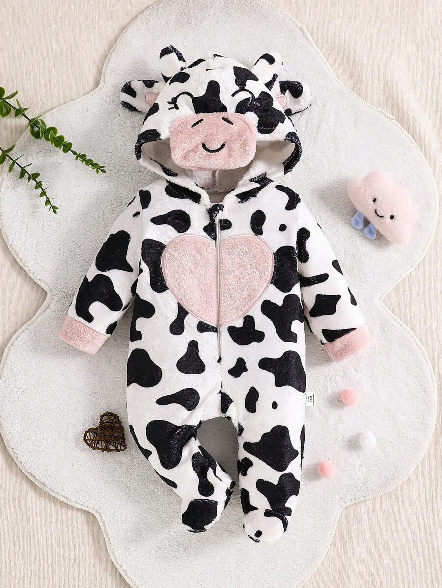 SHEIN 新生儿冬季连衣裤，带帽，长袖连体衣 - 粉色 - 查看 1