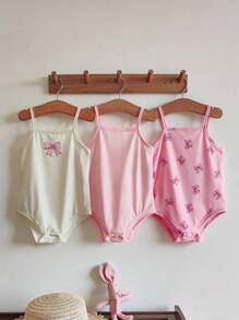 SHEIN Vintaside Kids 3件套女婴春夏休闲日常柔软针织蝴蝶结图案连体衣套装，甜美可爱粉色 - 粉色 - 查看 5