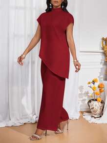 SHEIN Lady Four Seasons Two Piece Outfits Women Outfit Sets Fall Two Piece Sets Casual Elegant Women's White Woven Stand Collar Elegant Layered Women Fall Sets New Women's Two-Piece Set Women's Casual Two-Piece Set - Burgundy - View 6