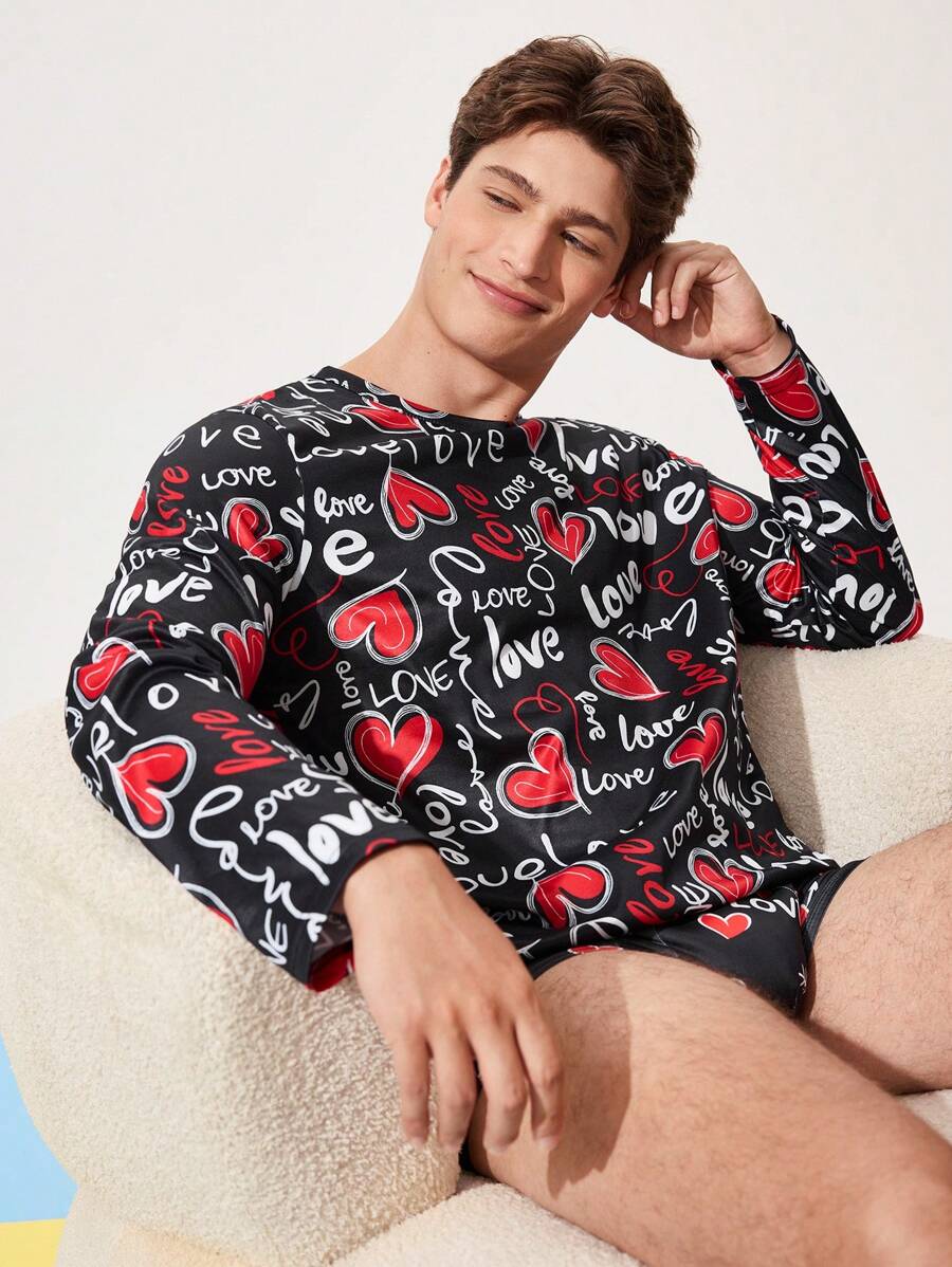 NotGurli Pijama casual para hombres, camiseta de manga larga con cuello redondo y estampado all-over