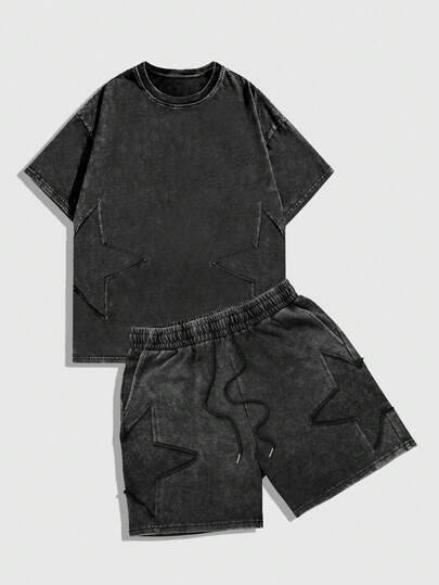 Street Life 2 pièces/Set Top simple à col rond et manches courtes et short avec nœud devant pour homme