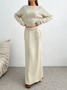 SHEIN Tall 2pcs Vintage Versatile Crew Neck Long Sleeve Knit Sweater + Elastic Waist Mid-Length Skirt Set