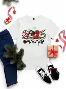 SHEIN EZwear Áo thun nữ cổ tròn tay ngắn in hình người tuyết mừng năm mới 2025 giản dị cho mùa hè, 34% cotton - trắng - Xem 3