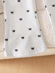 SHEIN Baby Girl Fashionable Sweatshirt With Bow Print & Flared Pants For Spring/Autumn - Grey - View 3
