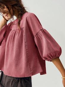 Bohemela 女士宽松度假泡泡袖衬衫，绿色 - 紅色 - 查看 2