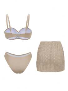 Swim DD+ DD Size Women's Solid Color Gather Underwire Cross Ruching + Textured Fabric Twist Cover-Up Dress Bikini Set, Beach Outfit For Summer Beach Vacation - Khaki - View 5