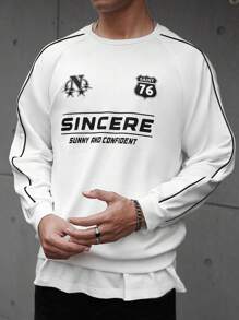 Manfinity Campus Court 男士休闲徽标印花插肩长袖圆领套头衫，秋季 - 白色 - 查看 3